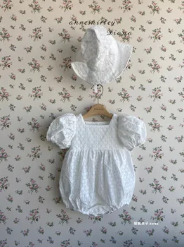 2022 m. Vasaros New Baby Girl Trumpas Rankovės Bodysuit + Hat Medvilnės Kūdikio Mergina Drabužius Bamblys Princesė Nėrinių Gėlių Jumpsuit 0-24M