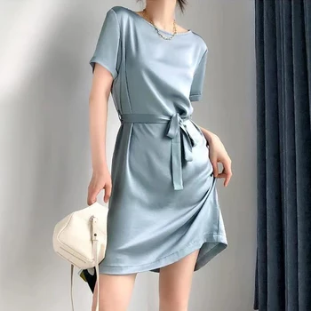 2022 Naujas Elegantiškas, Blizgus Satino Moterų Suknelė Prabanga Kietas O-Kaklo Trumpomis Rankovėmis Korėjos Harajuku Office Lady Maxi Suknelės Su Kišenėmis