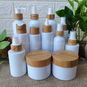 2oz 4oz 8oz matinio kremo plastiko jar purškimo butelis losjonas butelis plastikinis buteliukas su bambuko purškimo bžūp bambuko kosmetikos pakuotės