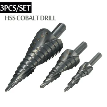 3PCS 4-32MM HSS Cobalt Žingsnis Grąžtas Nustatyti Azoto greitapjovio Plieno Spiralė Metalo Kūgio Trikampis Karka Skylę, Metalo grąžtai,