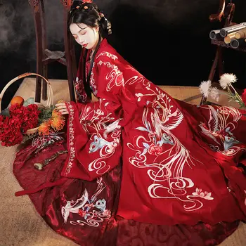 HuaShan Kinijos Traditioanl Hanfu Moteris Nustatyti Vestuvių Nuotaka Elegantiškas Pasakų Kostiumas Siuvinėjimo Phoenix Retro Suknelės, Skraistės