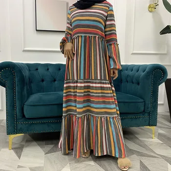 JAV, Kanada Abaja Musulmonų Moterų Ilgas Sijonas Spalvos Dryžuotas Printed Dress Saudo Arabijos Musulmonų Eid Mubarakas Gegužinė vakarinę Suknelę