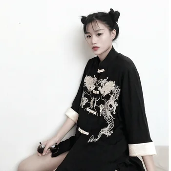 Kinija Black, Gothic Tango Kostiumą, Marškinius, Suknelę, Merginos, Moterys Hanfu Kinijos Tradicinės Palaidinė Vieną Krūtinėmis Dragon Siuvinėjimo Striukė