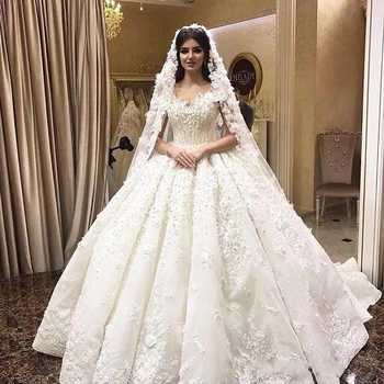 Luxury Plus Size 3D Nėriniai Gėlės, Vestuvių Suknelės, Derliaus Princesė Saudo arabų Dubajus Kamuolys Suknelė Vestuvių Suknelės, Vestidos De Novia