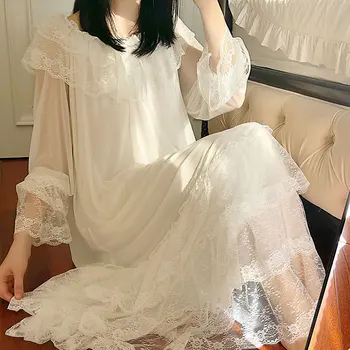 Moterų Lolita Baltoji Princesė Suknelė Sleepshirts Vintage Stiliaus Rūmai Daugiasluoksnės Nėrinių Akių Nightgowns.Nightdress Miego Loungewear