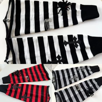 Q1FA Gotikos Moterims Megztiniai Dryžuotas Kojų Šilčiau Kojinės Punk 3D Voras Kryžiaus Šiltas Kojų Dangtis