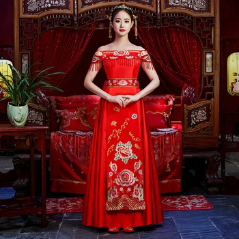 Red Kinijos Vestuvių Nuotaka Cheongsam Tradicinio Stiliaus tuoktis vakarinę Suknelę Siuvinėjimo Ilgai Qipao Moteriškų Drabužių Dydis S - 3XL