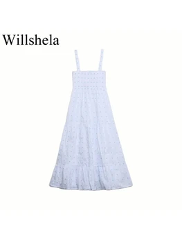 Willshela Moterų Mados Gėlių Siuvinėjimas Pleatd Midi Suknelė Vintage Plonas Dirželiai Aikštėje Apykaklės Moterų Prašmatnus Mergina Suknelės